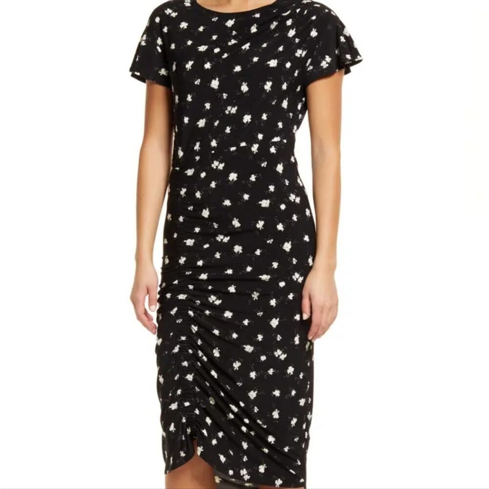 Chelsea28 flutter sleeve ruched dress Sz XS stretch midi A22